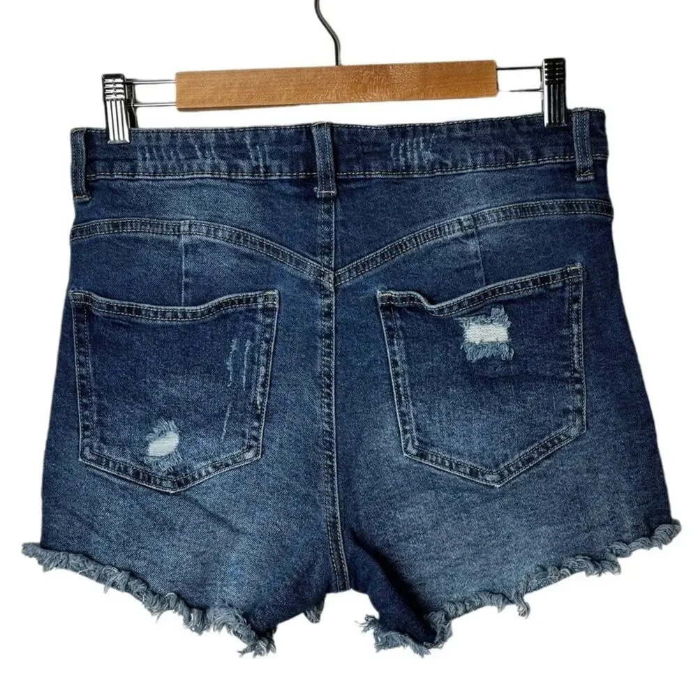 ARIYA Shorts Women's 11/30 Curvy High Rise Distressed Cut Offs Med Blue